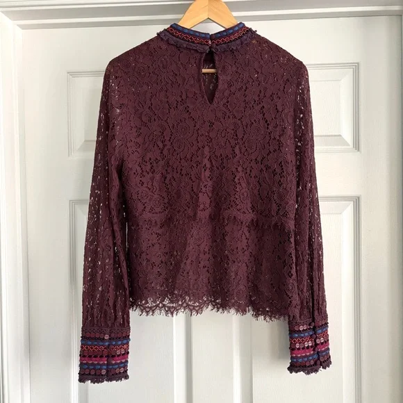 Anthropologie Bl^nk London Wine Lace Savannah Long Sleeve Top Medium - Picture 10 of 13